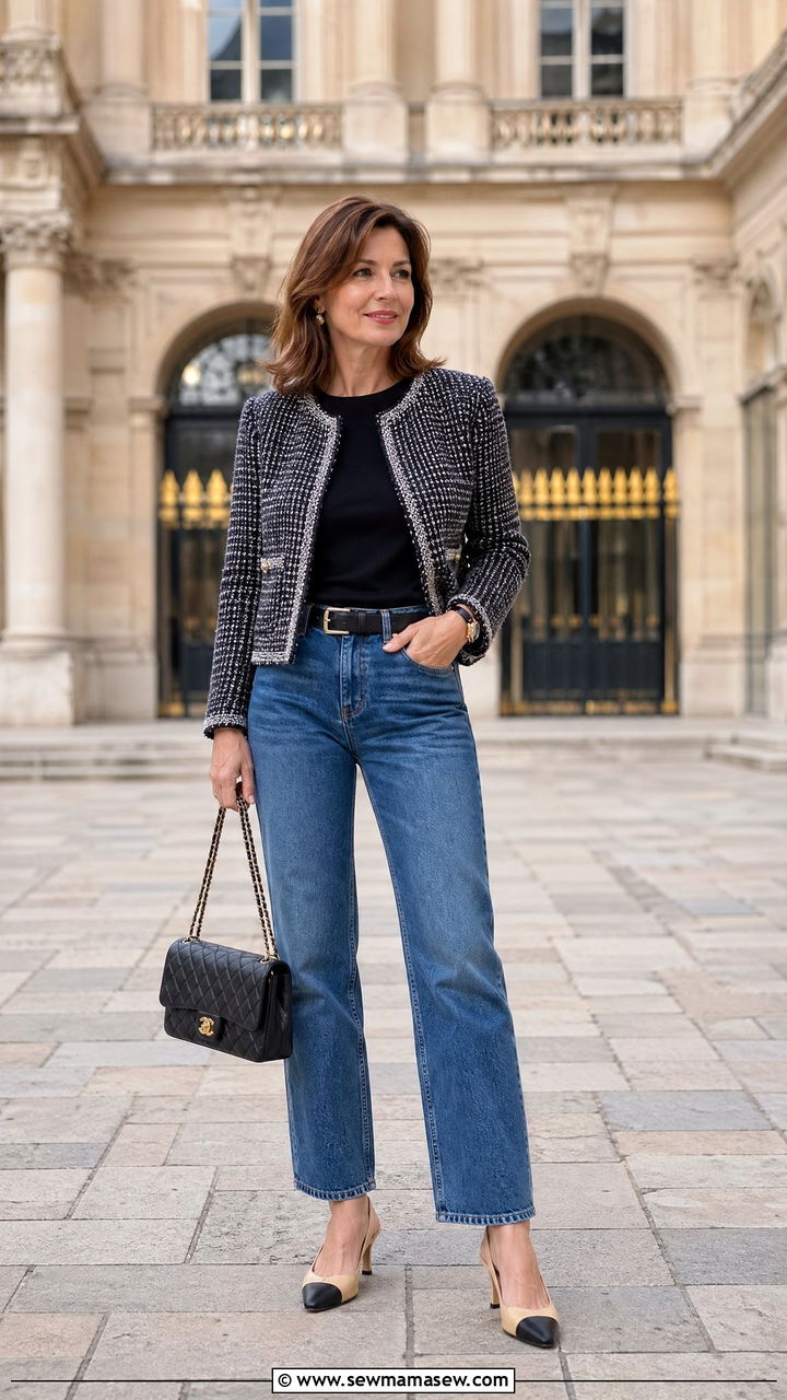 Tweed jacket with cashmere tee and jeans - 35 French girl outfit ideas for women over 40