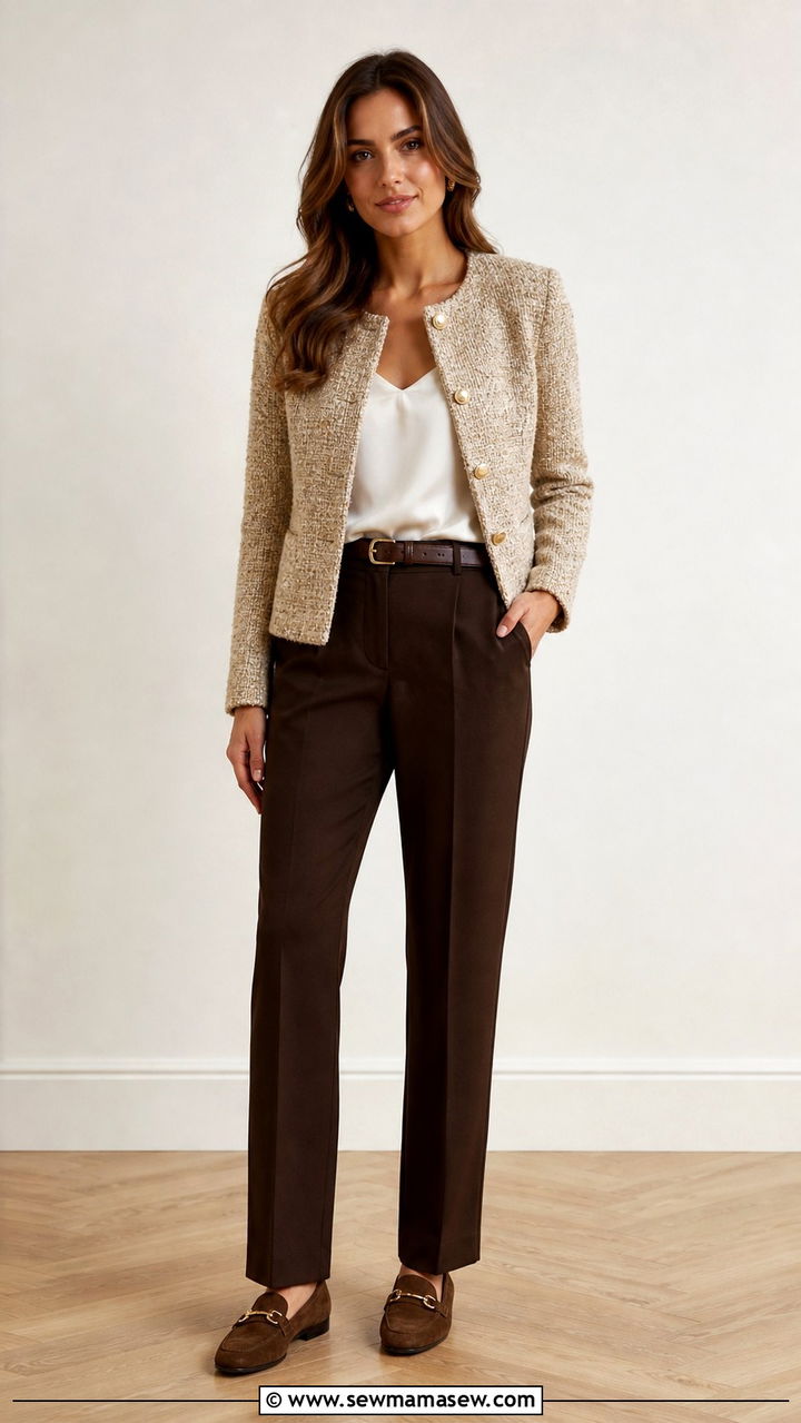 Tweed jacket with chocolate brown tailored trousers - 40 elegant outfits