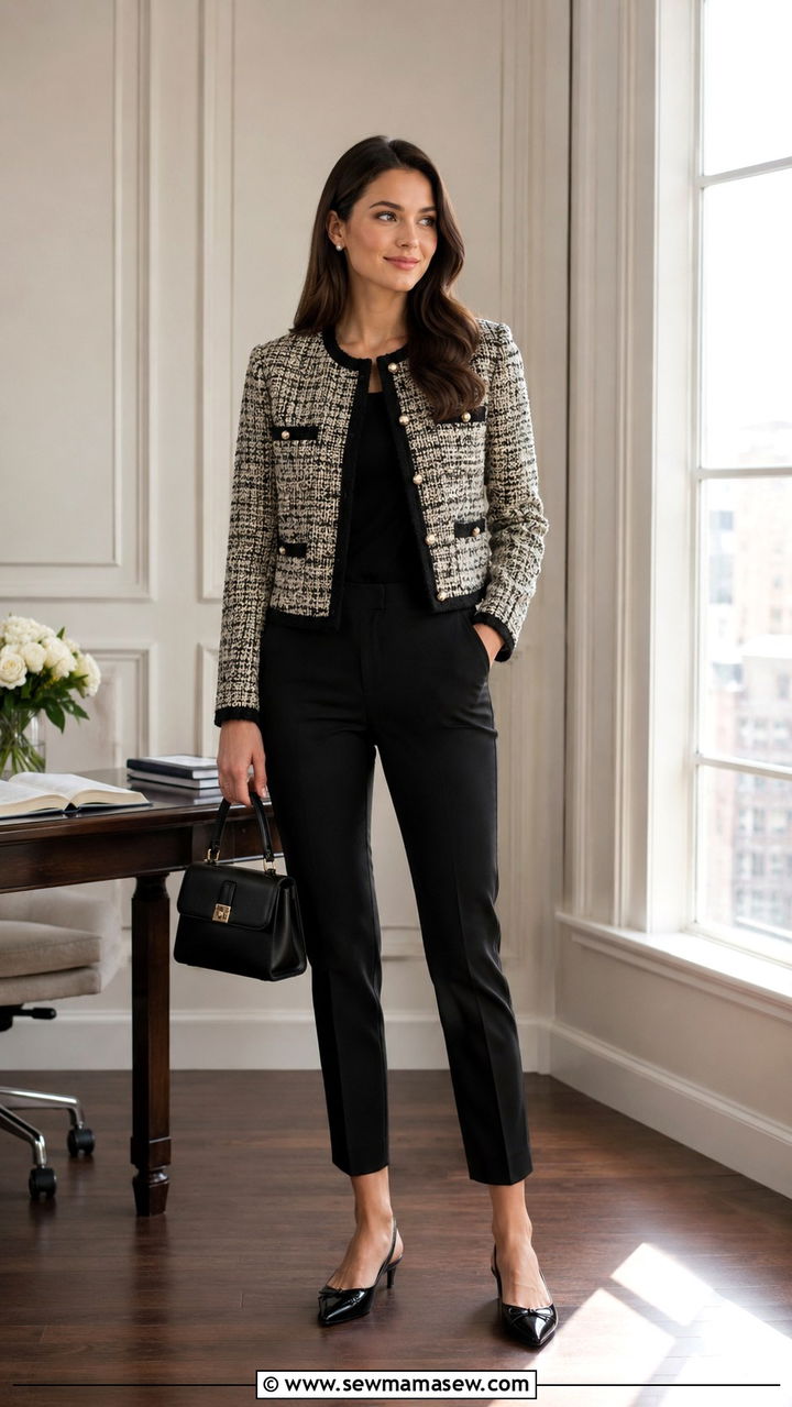 Tweed jacket with cigarette pants - 30 Modest wardrobe essentials 2026