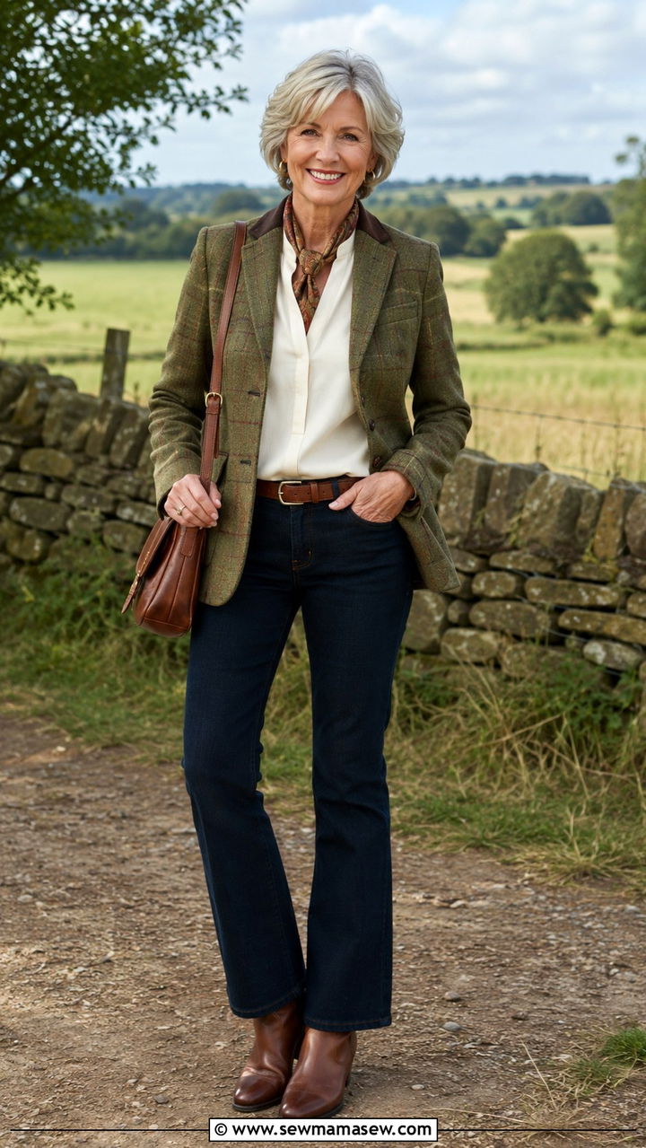 Tweed jacket with dark bootcut jeans and riding boots - 30 Chic outfits for women over 60
