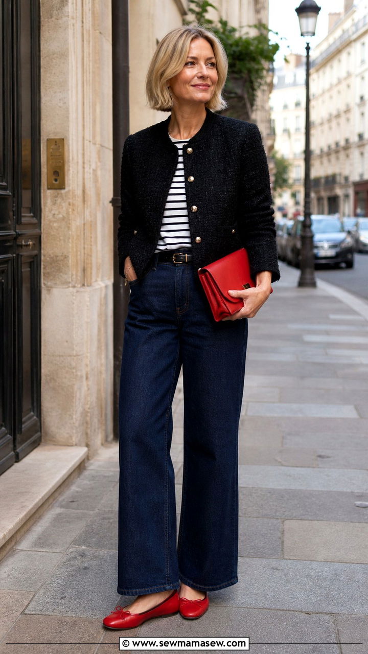 Tweed jacket with dark denim and red accessories spring outfit - 40 Spring outfit ideas for women over 40 2026