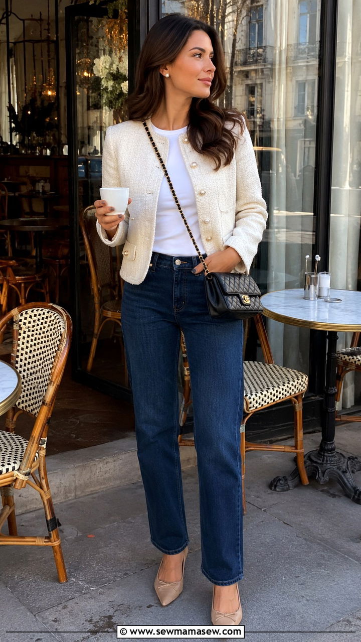 Tweed jacket with dark wash jeans - 30 Quiet luxury outfit ideas for brunch