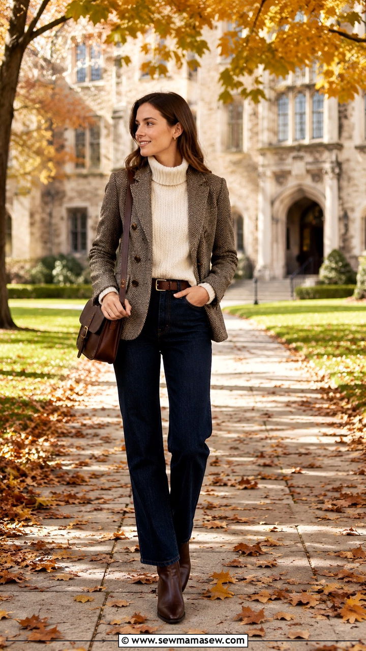 Tweed jacket with dark wash jeans outfit - 30 Preppy college outfit ideas