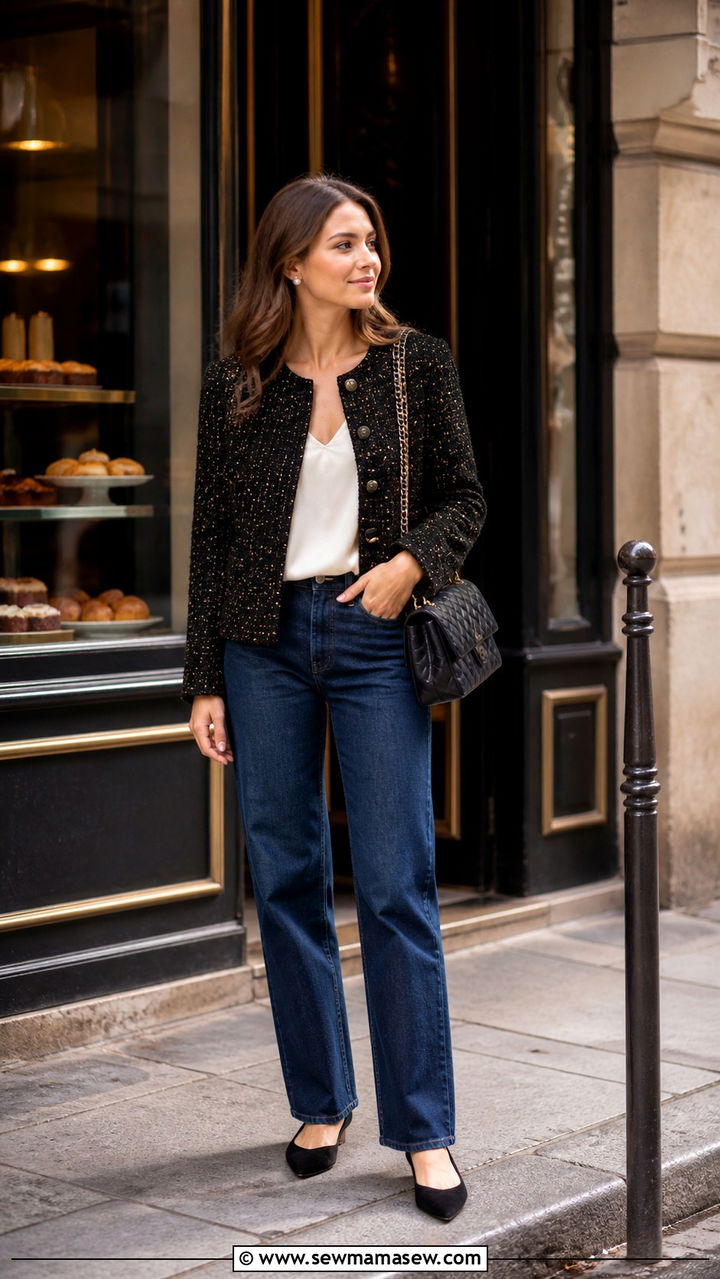 Tweed jacket with jeans outfit - 40 Parisian chic outfit ideas