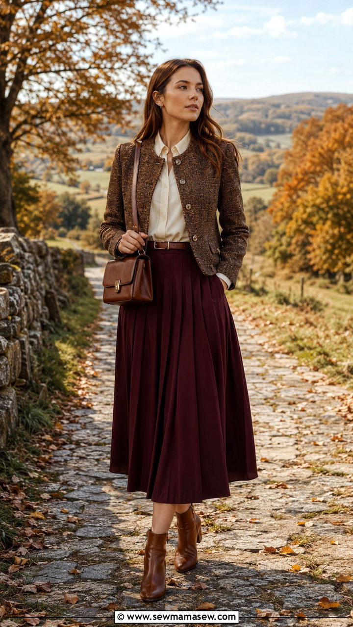 Tweed jacket with midi skirt and ankle boots - 30 preppy outfits for women