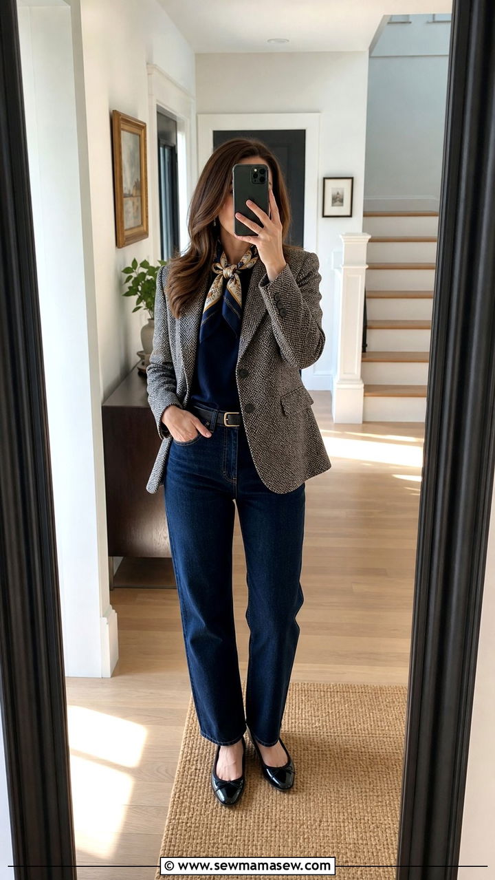 Tweed jacket with navy top and high waisted jeans old money look - 25 cute old money outfits