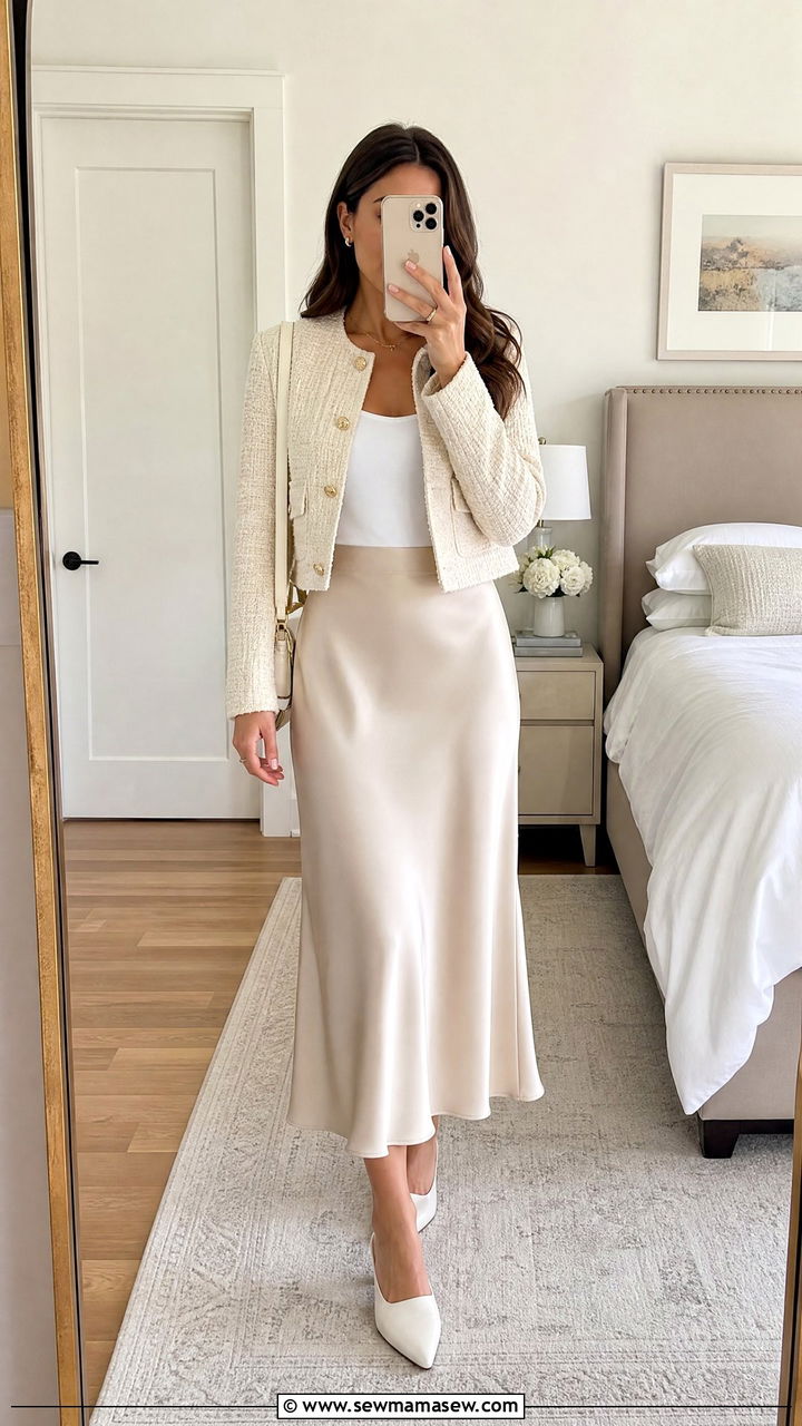 Tweed jacket with satin slip skirt - 25 Old money outfit ideas with tweed