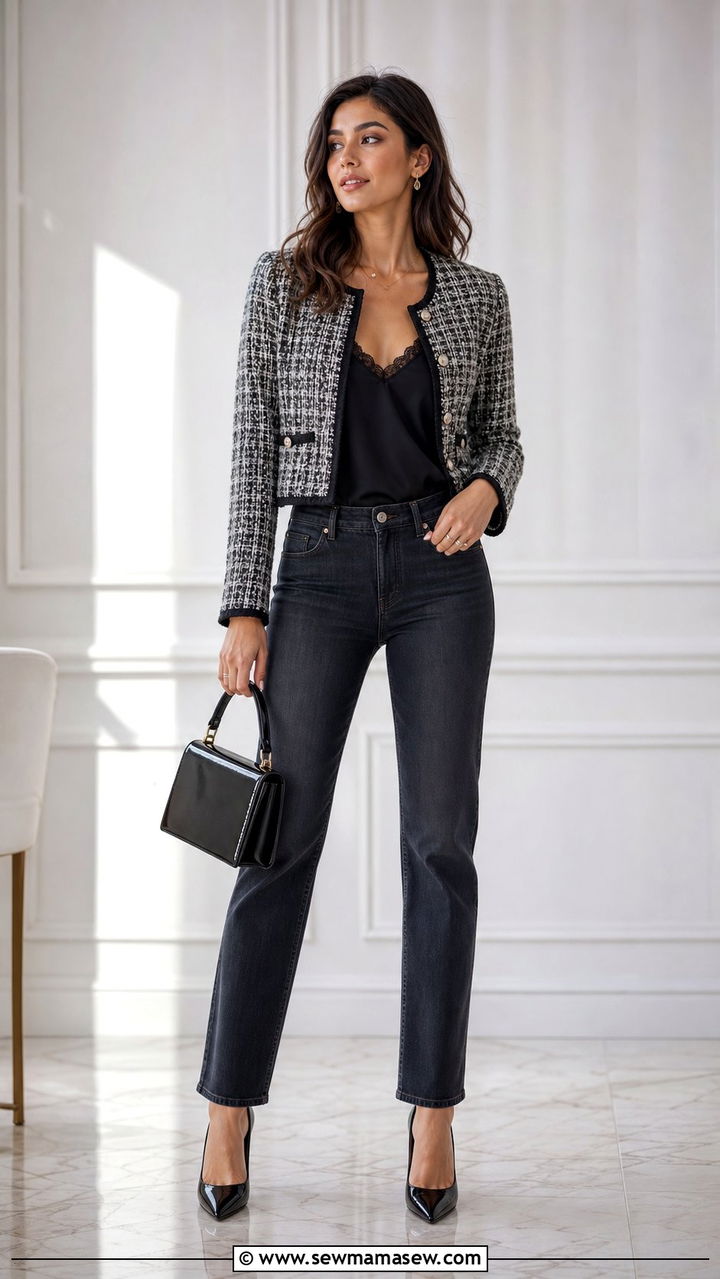 Tweed jacket with straight leg dark jeans and pumps - 25 spring early spring outfit ideas