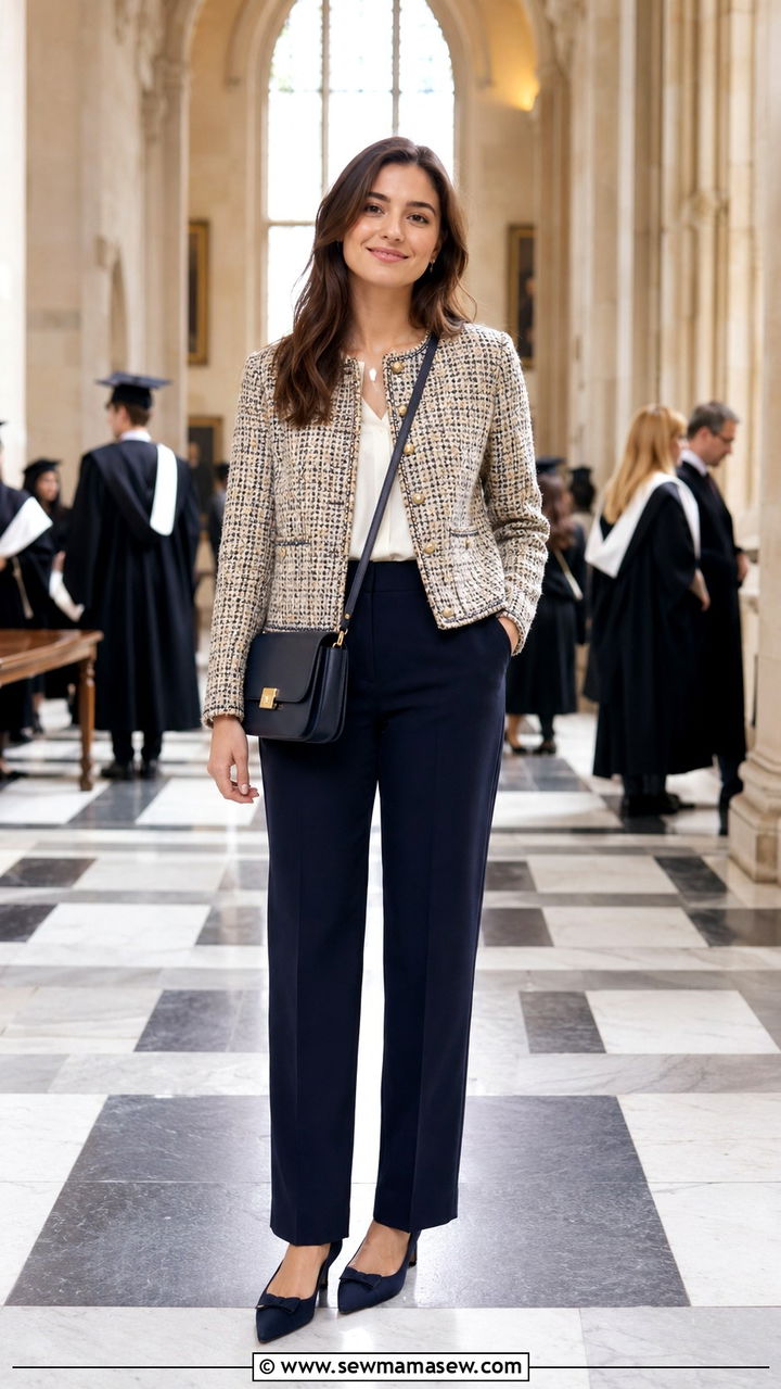 Tweed jacket with tailored trousers and a leather crossbody - 30 Graduation outfit ideas for guests 2026