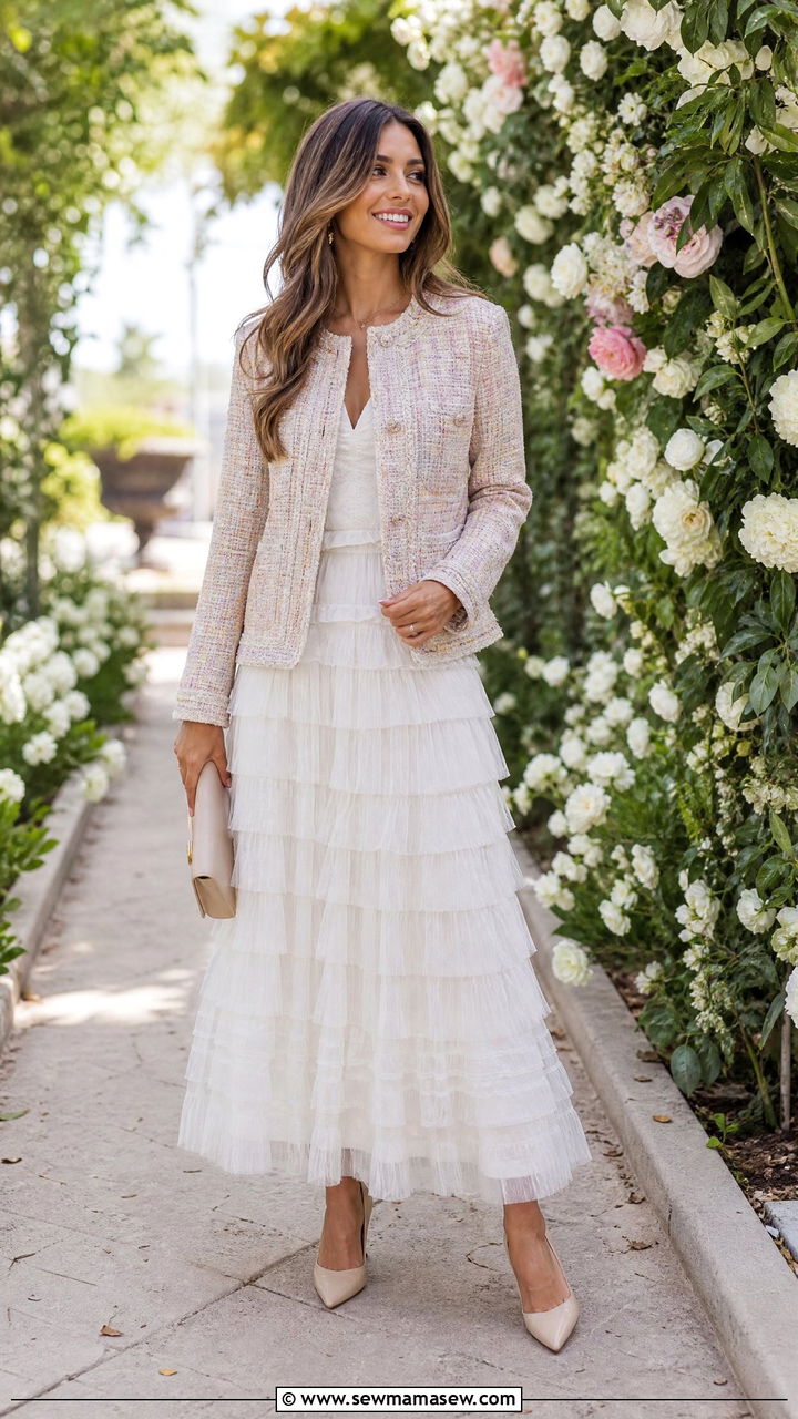 Tweed jacket with tiered maxi dress and classic pumps - 30 Maxi dress outfit ideas with a jacket