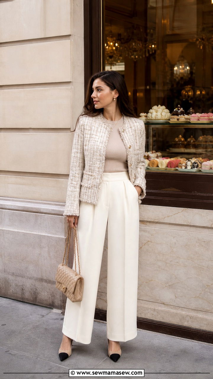 Tweed jacket with wide leg pants outfit - 40 Paris outfits