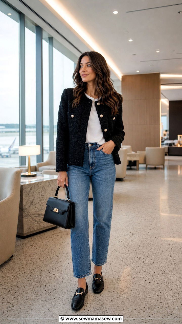 Tweed lady jacket with white tee and straight leg jeans - 40 travel outfits