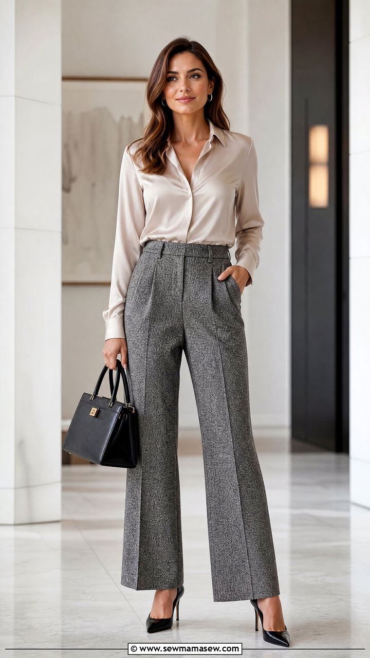Tweed pants with silk blouse and pumps - 25 Old money outfit ideas with tweed