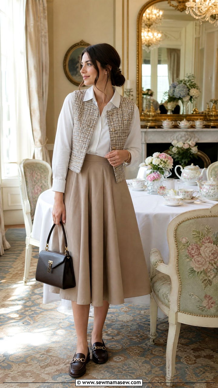 Tweed vest and midi circle skirt - 30 modest brunch outfit ideas
