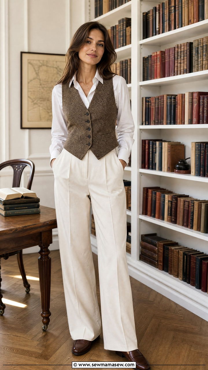 Tweed vest with crisp white button down shirt - 25 Old money outfit ideas with tweed