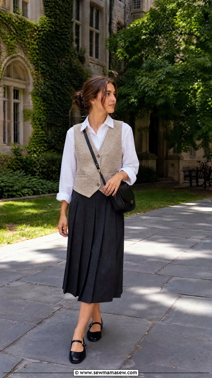 Tweed vest with pleated skirt dark academia outfit - 30 Dark academia summer outfits