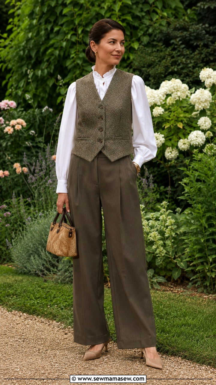 Tweed vest with ruffled collar blouse and tailored trousers - 20 Eclectic grandpa outfit ideas 2026