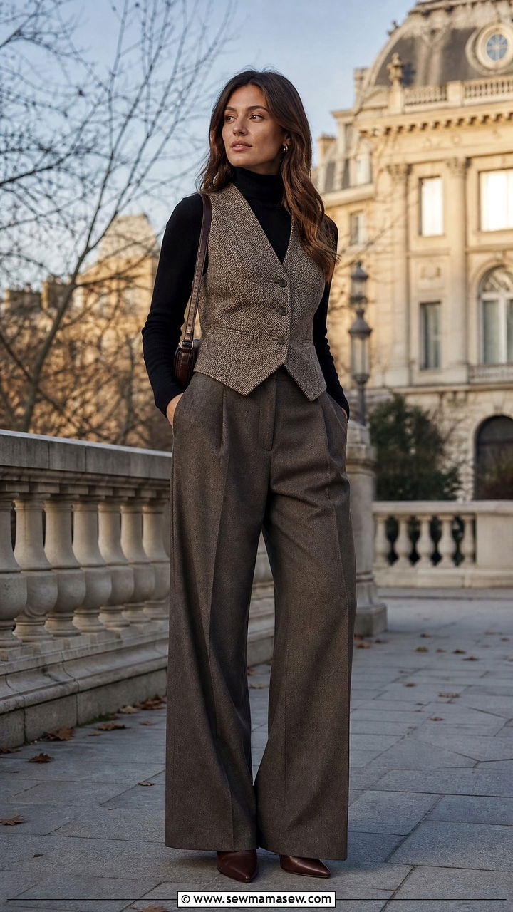 Tweed vest with turtleneck and wide leg trousers - 25 Business casual outfits with vest