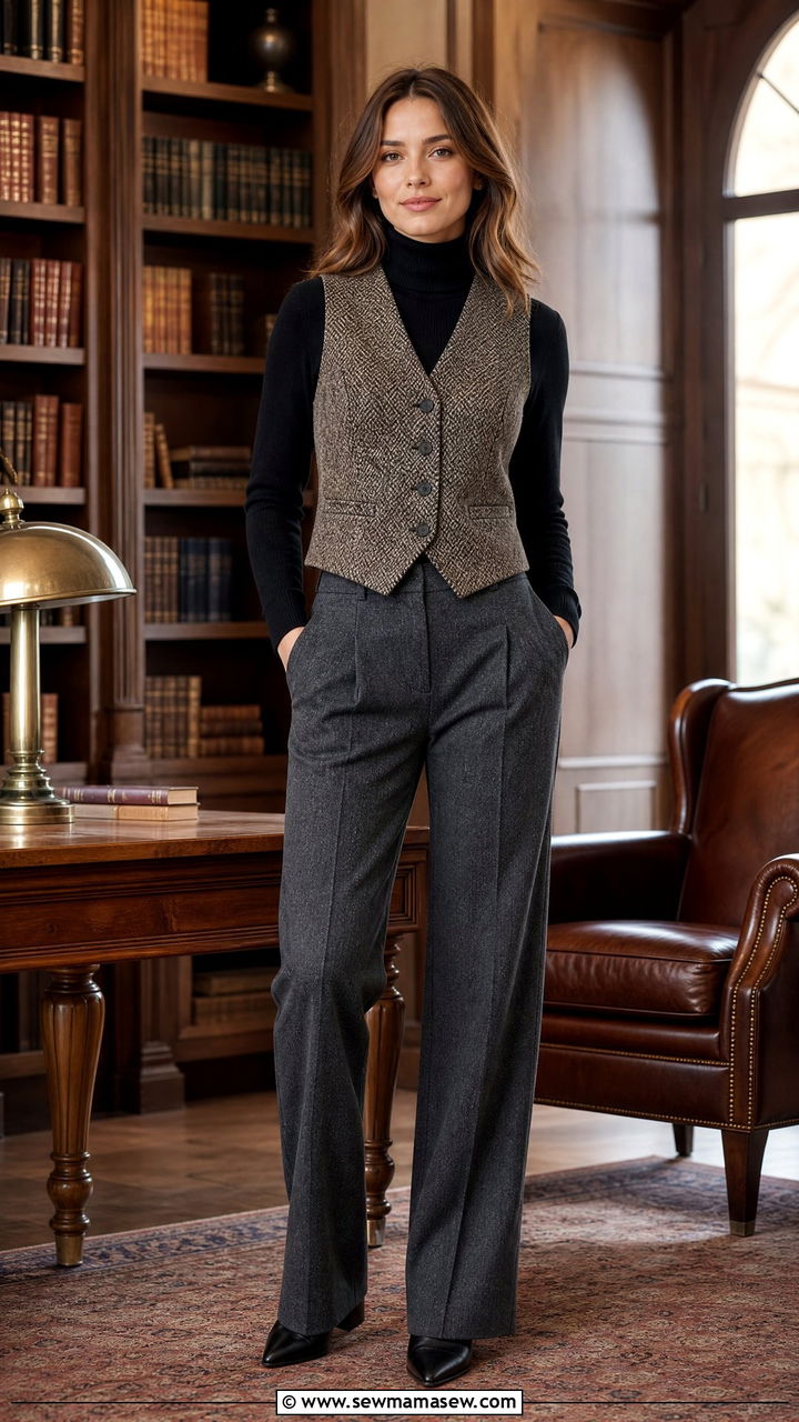 Tweed waistcoat with turtleneck and wool trousers - 30 chic waistcoat vest outfit ideas