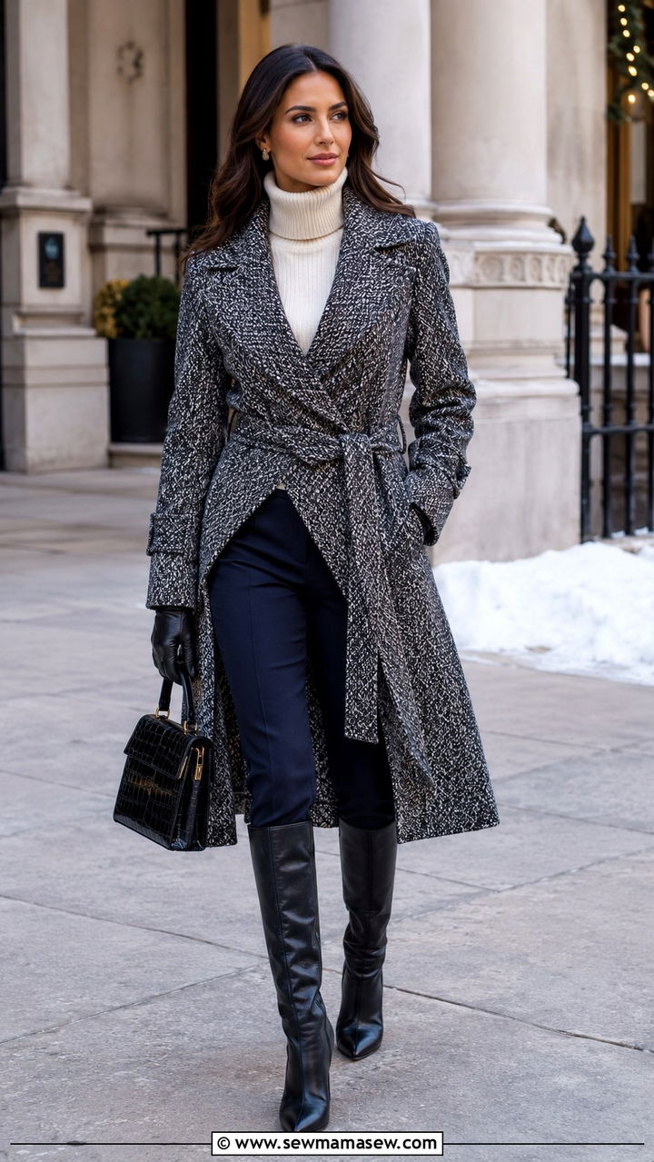 Tweed wrap coat with cashmere turtleneck and leather gloves - 25 Old money outfit ideas with equestrian style