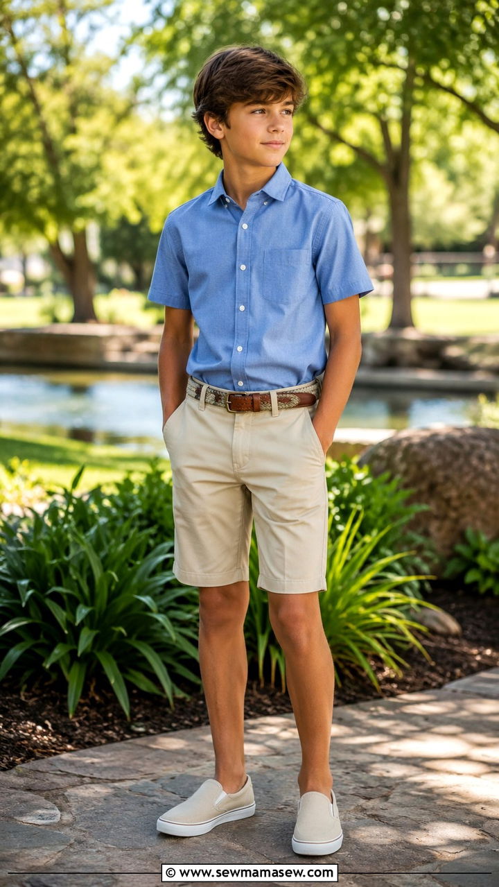 Tween Boy Button Down Shirt and Chino Shorts - 20 Tween outfit ideas for boys 2026