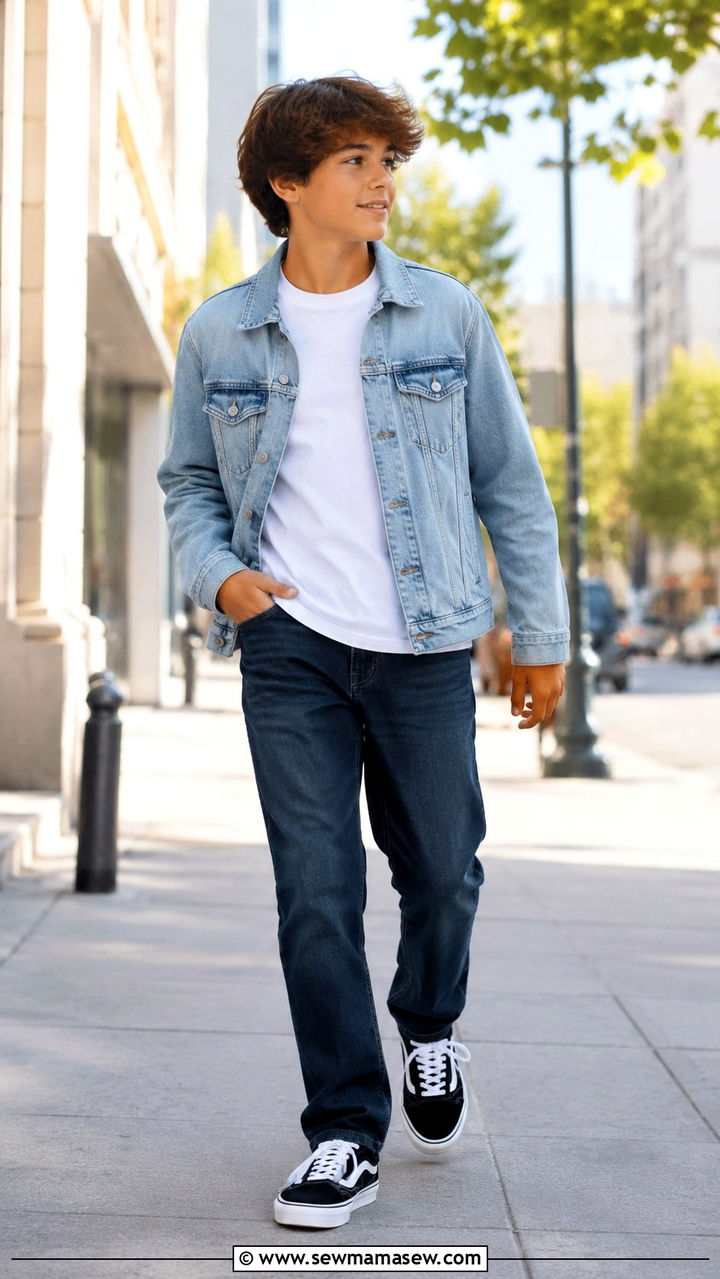 Tween Boy Denim Jacket With White Tee and Jeans - 20 Tween outfit ideas for boys 2026