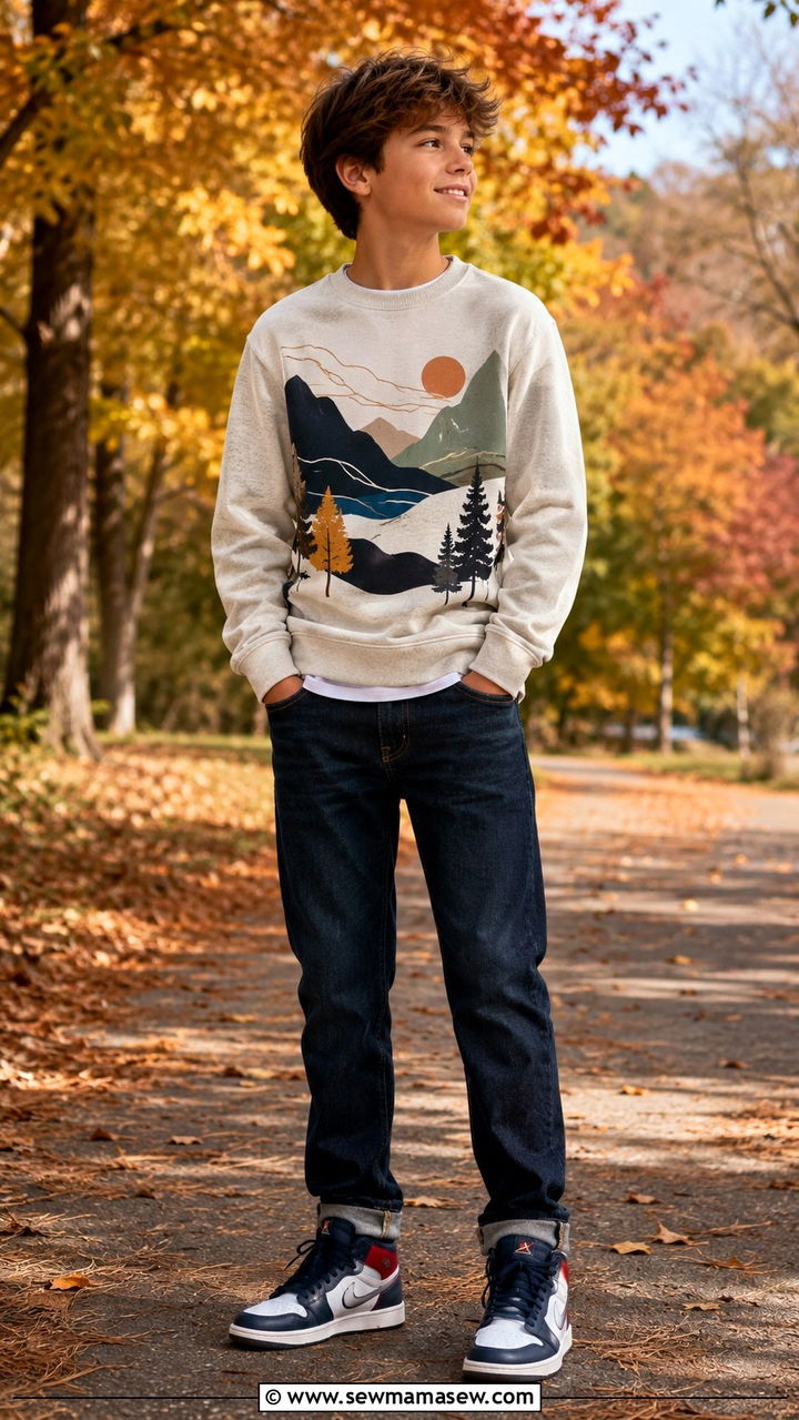 Tween Boy Graphic Sweatshirt and Dark Wash Jeans - 20 Tween outfit ideas for boys 2026