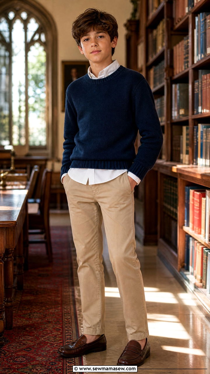 Tween Boy Knit Sweater Layered Over Collared Shirt - 20 Tween outfit ideas for boys 2026