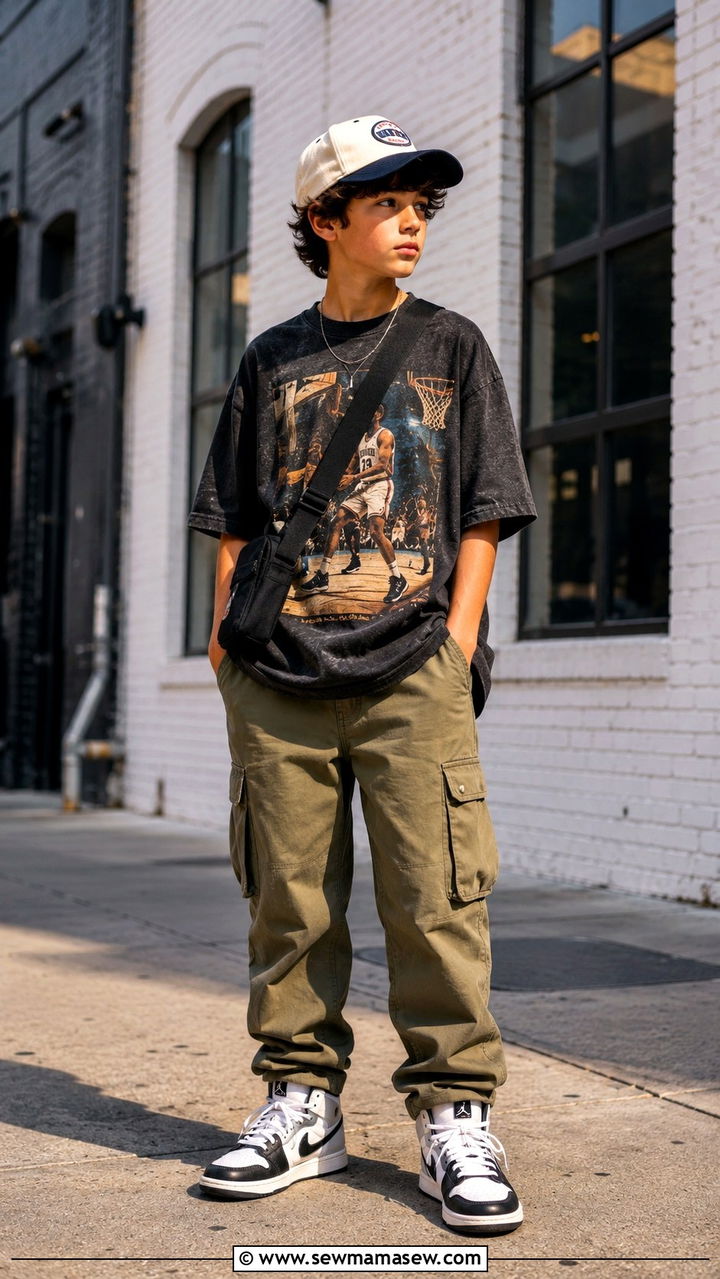Tween Boy Oversized Graphic Tee and Cargo Pants - 20 Tween outfit ideas for boys 2026