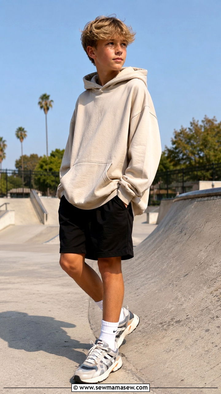 Tween Boy Oversized Hoodie and Athletic Shorts - 20 Tween outfit ideas for boys 2026