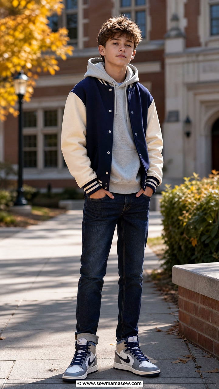 Tween Boy Varsity Jacket and Hoodie Outfit - 20 Tween outfit ideas for boys 2026