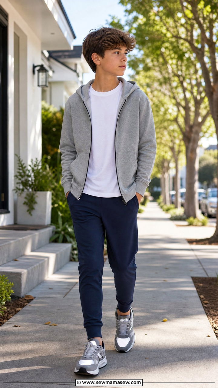 Tween Boy Zip Up Hoodie and Tapered Joggers - 20 Tween outfit ideas for boys 2026