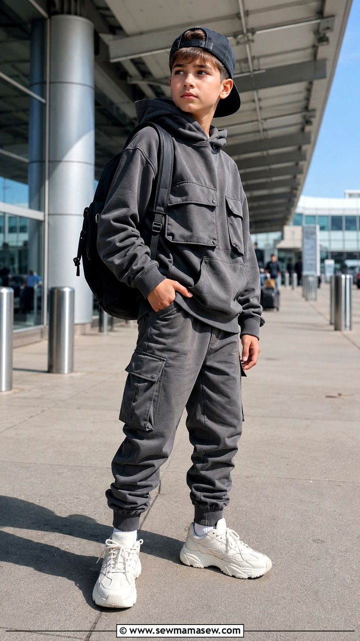 Tween boy utility hoodie with cargo joggers and chunky sneakers travel outfit - 30 Kids vacation outfit ideas