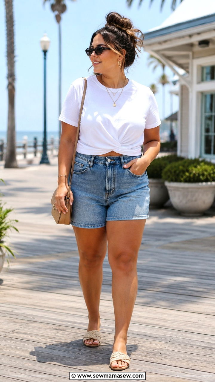 Twisted Hem Tee with High Waisted Denim Shorts - 30 casual outfits for midsize women