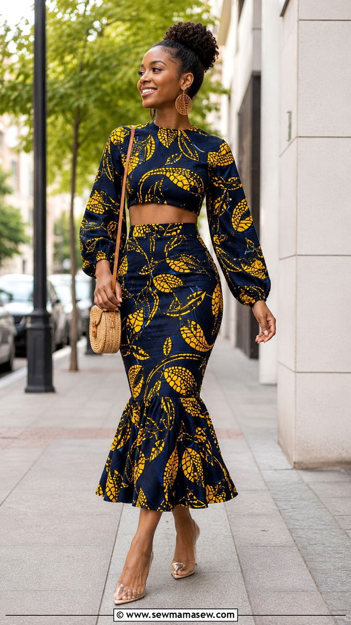 Two Piece Ankara Crop Top And Mermaid Skirt - 20 Wedding guest outfit ideas African wedding