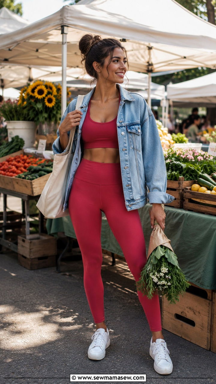 Two Piece Athletic Set with Denim Jacket and Sneakers - 30 casual athleisure outfits