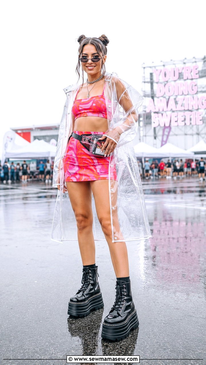Two Piece Co Ord Set With Clear Raincoat and Platform Boots - 25 Rainy festival outfit ideas