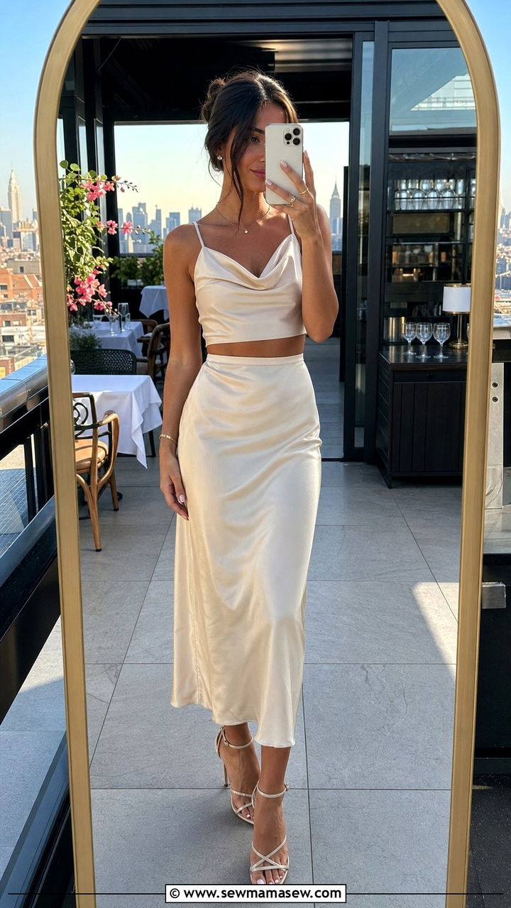 Two Piece Co Ord Set With Heeled Sandals - 35 Birthday dinner outfit ideas