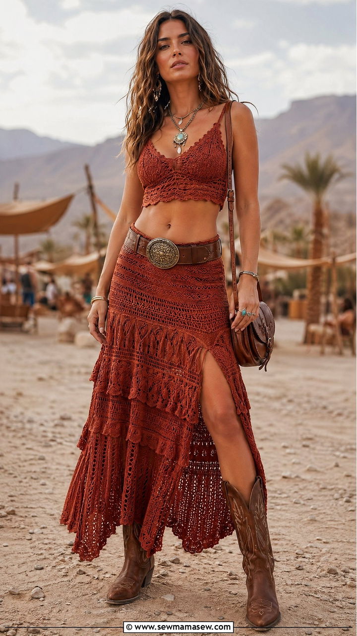 Two Piece Crochet Set With Western Boots - 35 festival outfits