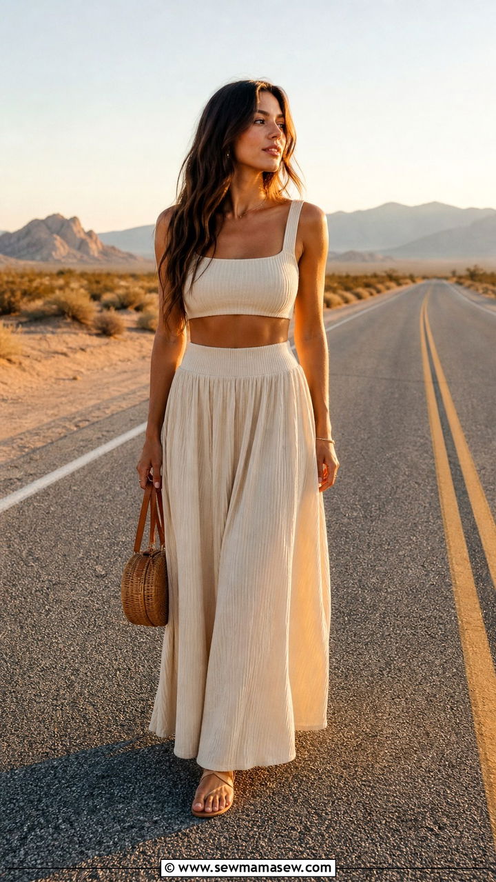 Two Piece Crop Top And Maxi Skirt Set - 40 Road trip outfit ideas