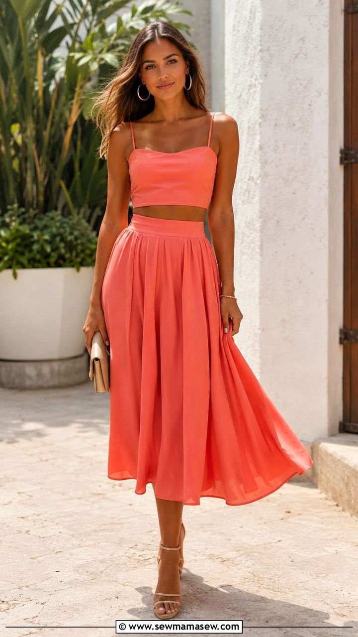 Two Piece Crop Top And Midi Skirt Set With Hoop Earrings - 30 Spring outfits with jewelry