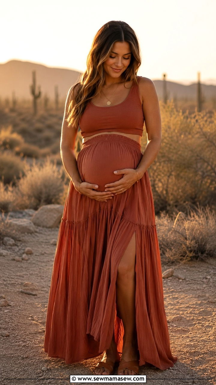 Two Piece Crop Top and Maxi Skirt Maternity Outfit - 20 Pregnancy announcement photo outfit ideas