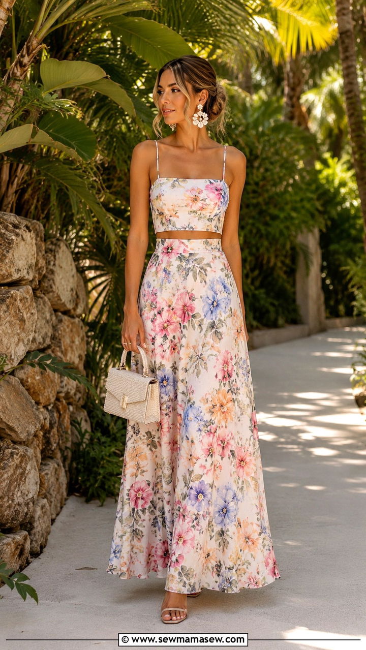 Two Piece Crop Top and Maxi Skirt Set Wedding Guest Outfit - 25 Wedding guest outfit ideas pinterest