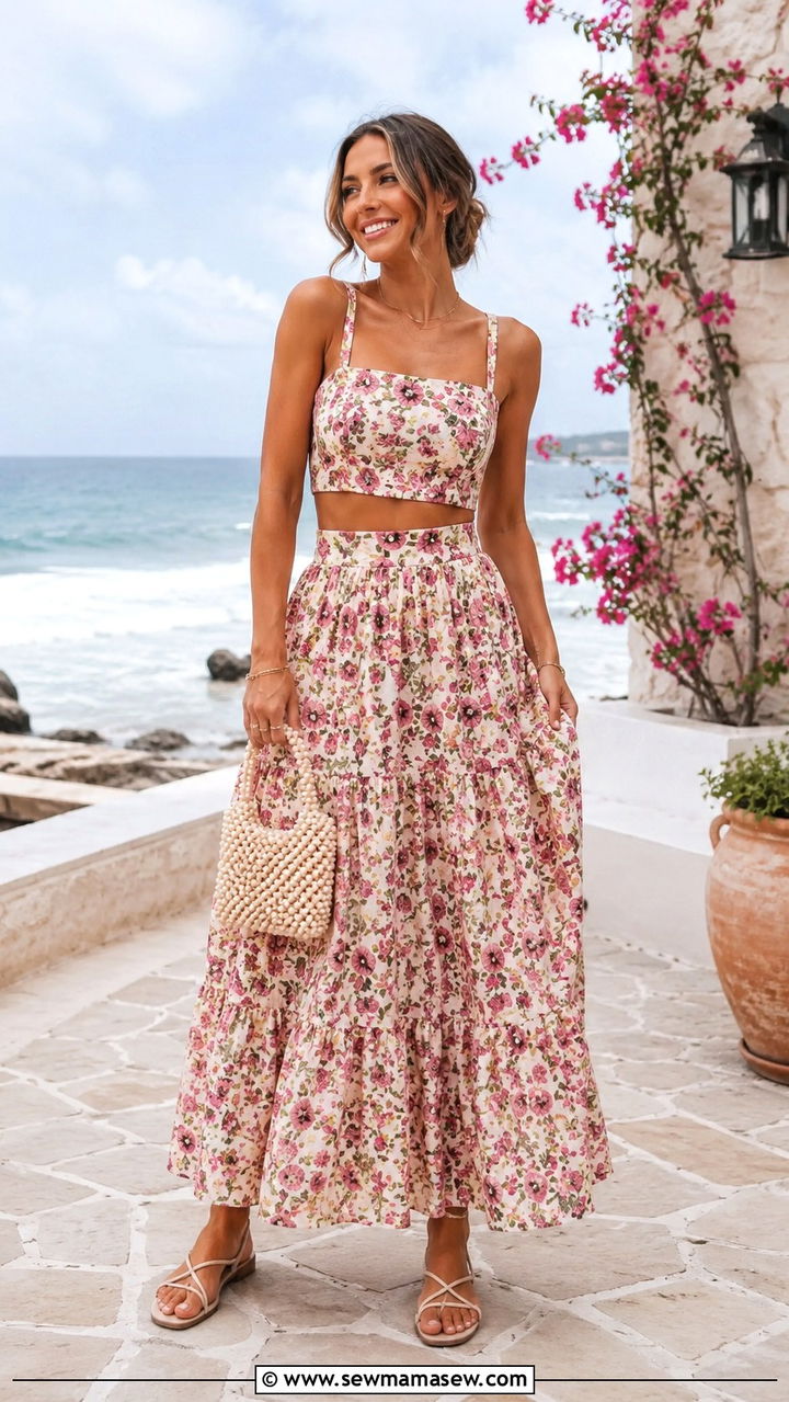 Two Piece Floral Crop Top and Maxi Skirt Set - 30 casual spring wedding guest outfits