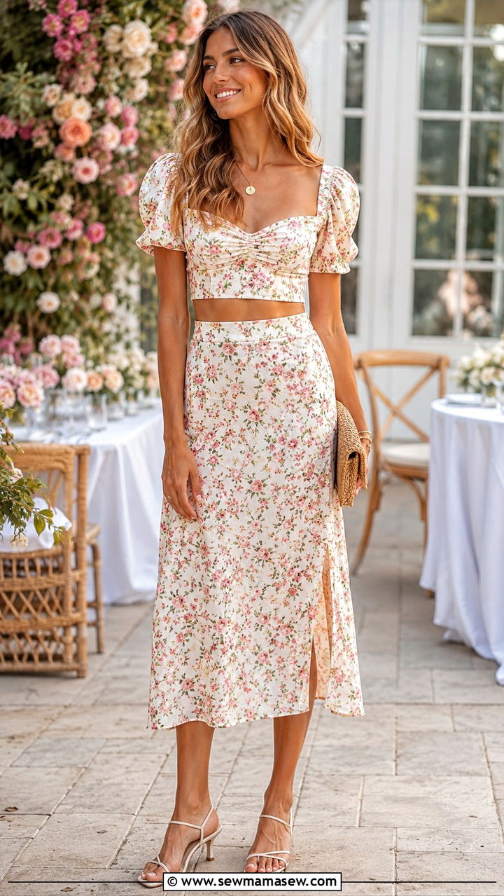 Two Piece Floral Set with Strappy Sandals - 30 Romantic spring outfit ideas