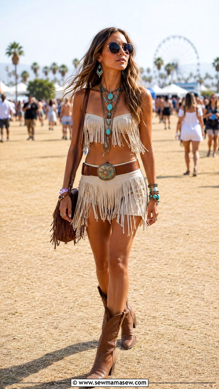 Two Piece Fringe Set With Stacked Heel Boots - 20 Coachella weekend 2 outfit ideas 2026