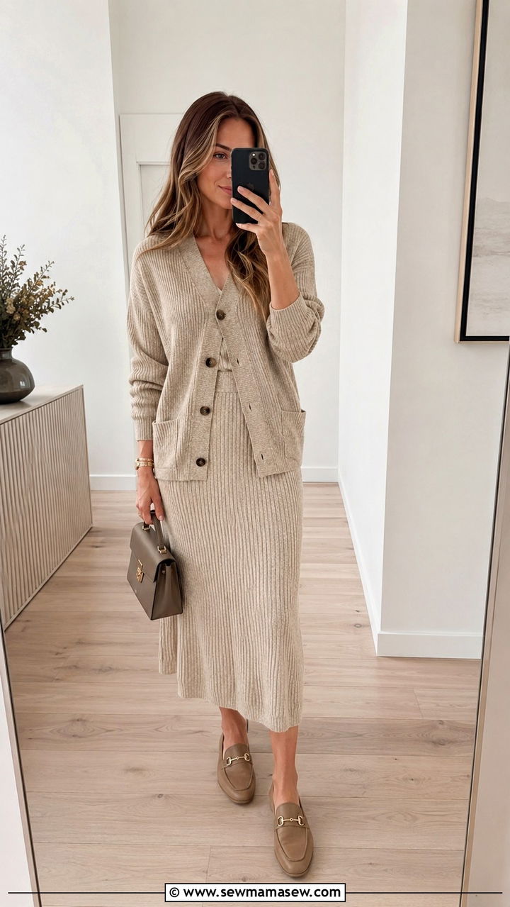 Two Piece Knit Cardigan and Midi Skirt Set - 30 Modest outfit ideas for working mom