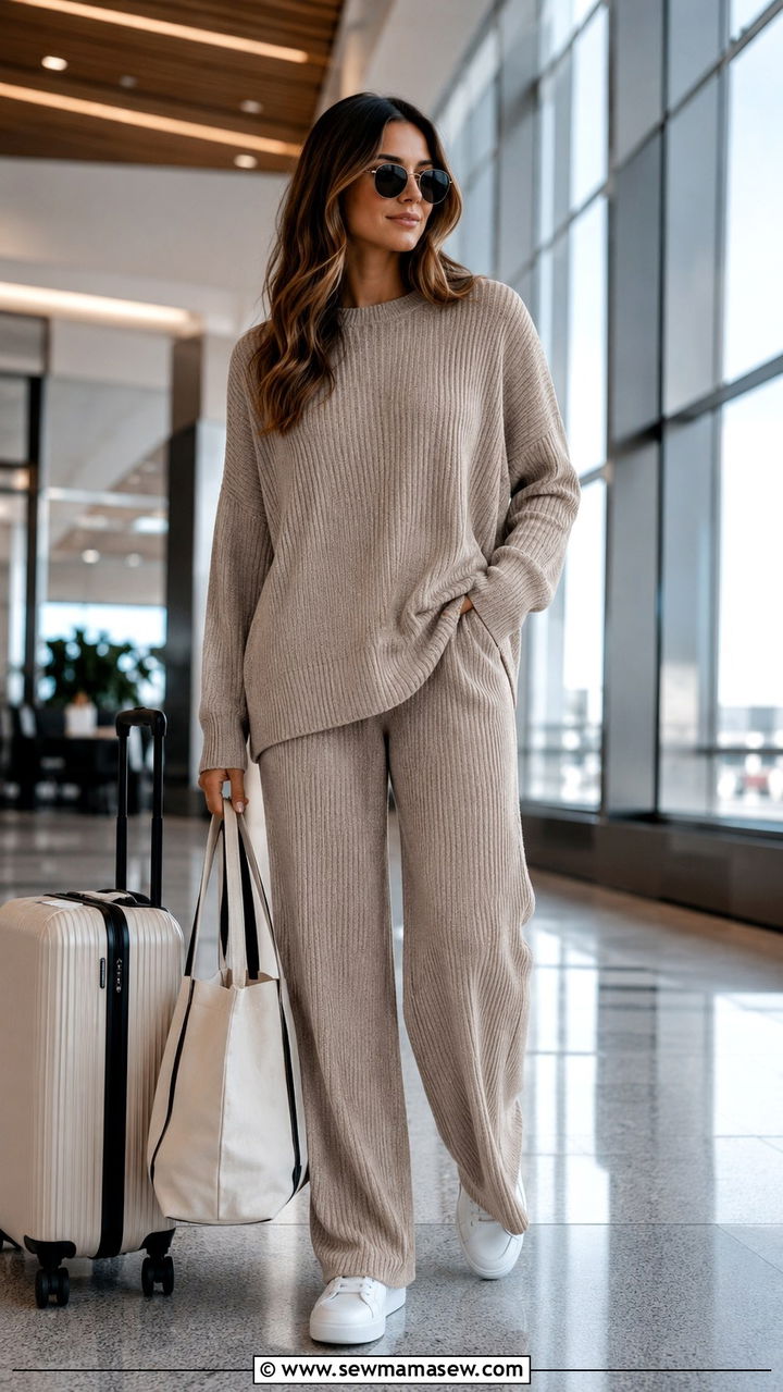 Two Piece Knit Lounge Set and White Sneakers - 25 Power walking outfit ideas