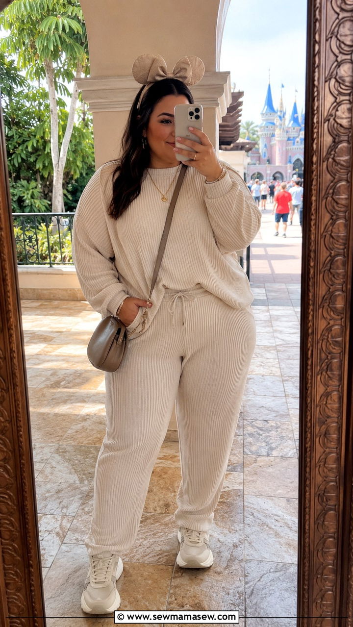Two Piece Knit Lounge Set with Fashion Sneakers - 30 Plus size theme park outfit ideas
