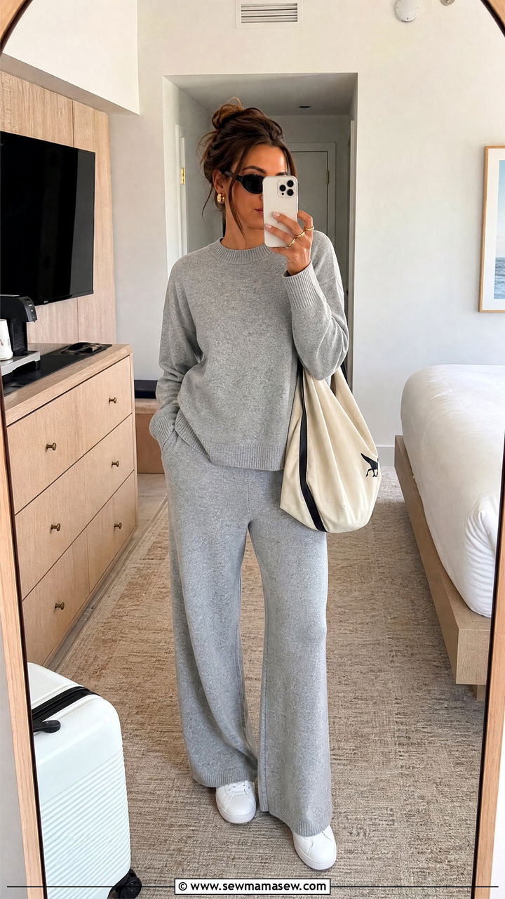 Two Piece Knit Lounge Set with White Sneakers - 30 cute resort outfits